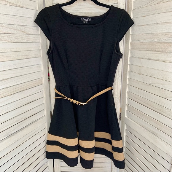 Sequin Hearts A Line Fit and Flare Belted Mini Dress Black and Tan Stripe 9 - Picture 1 of 11